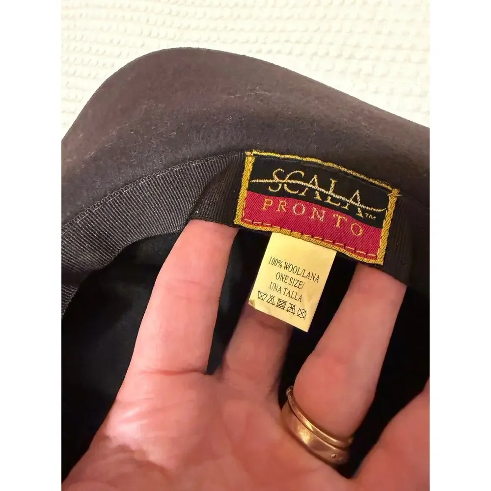 VTG Scala Pronto Y2K Boho 100% Wool Deep Brown Black Beaded Detail Floppy Hat